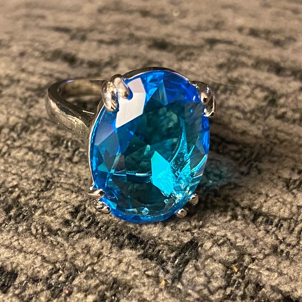Blue Oval Synthetic Cubic Zirconia Silver Plated Cocktail Ring